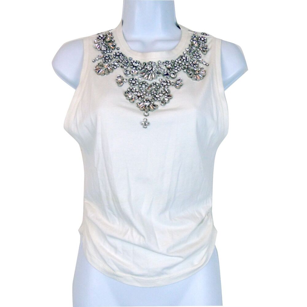 Alice + Olivia Kappa Embellished Tank Top Womens S Off White Rhinestone Ruched - Picture 4 of 15